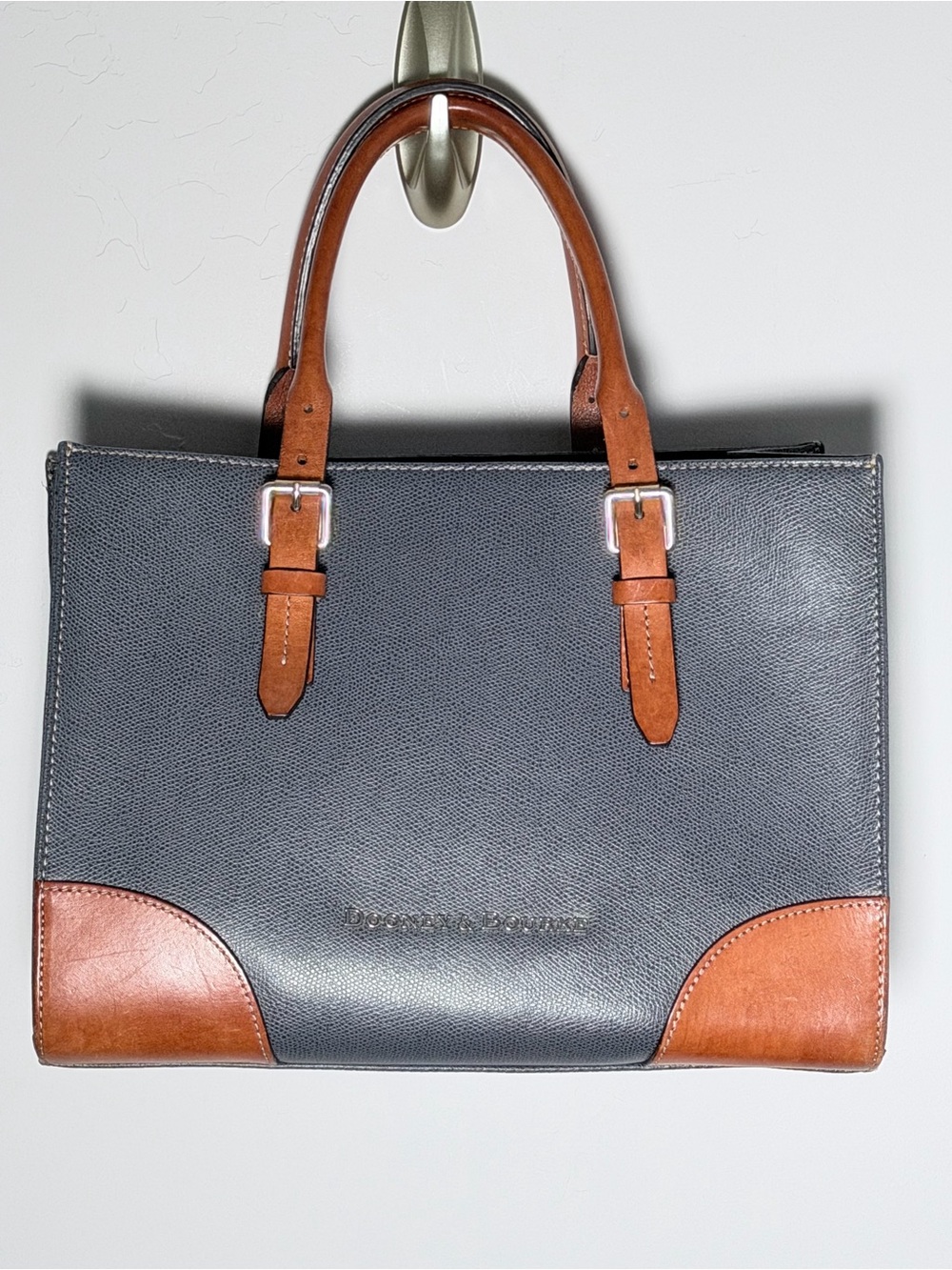 Dooney & Bourke Charcoal Leather Brief Tote with Tan Trim